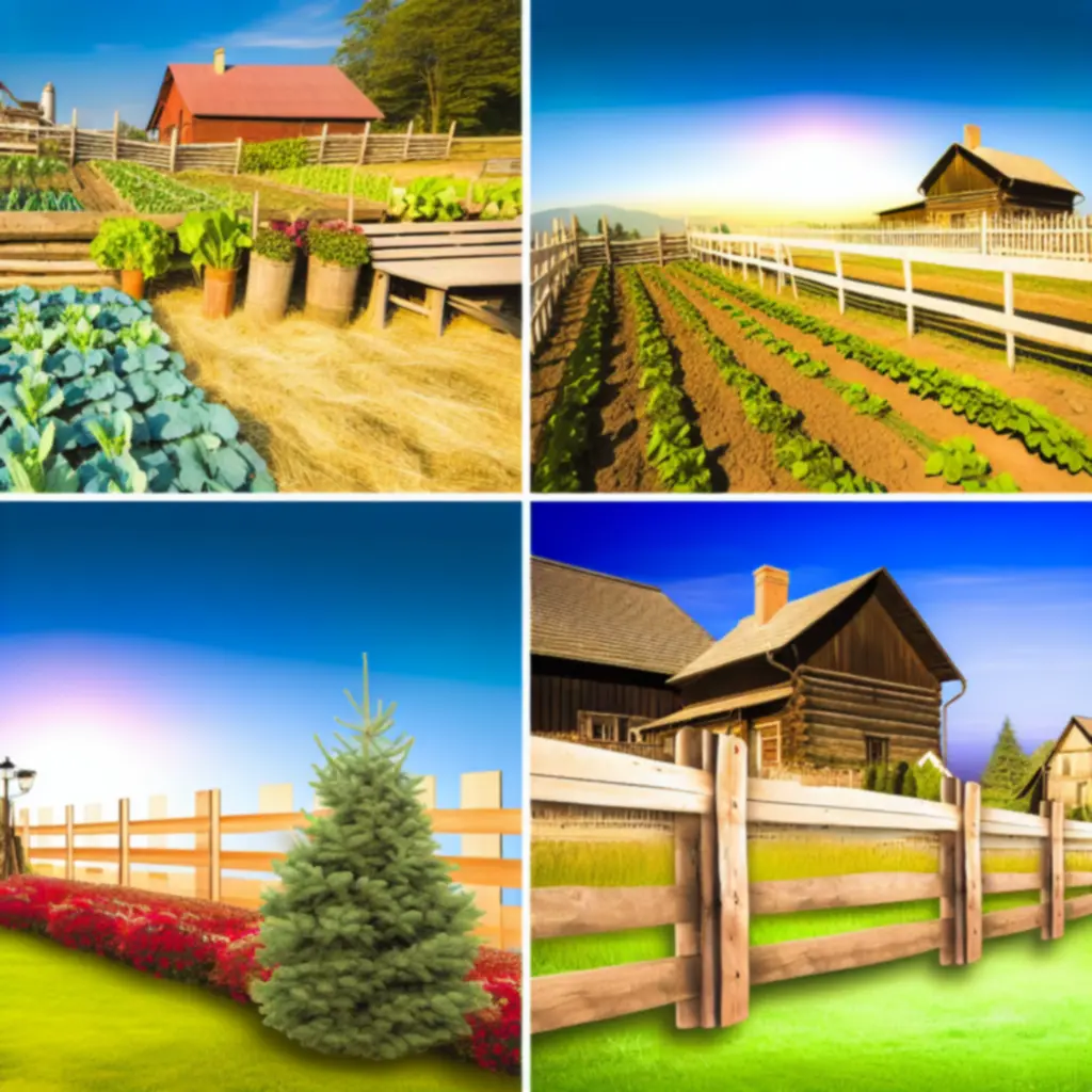 Widok przytulnej farmy w My Time at Portia z grządkami i rosnącymi uprawami