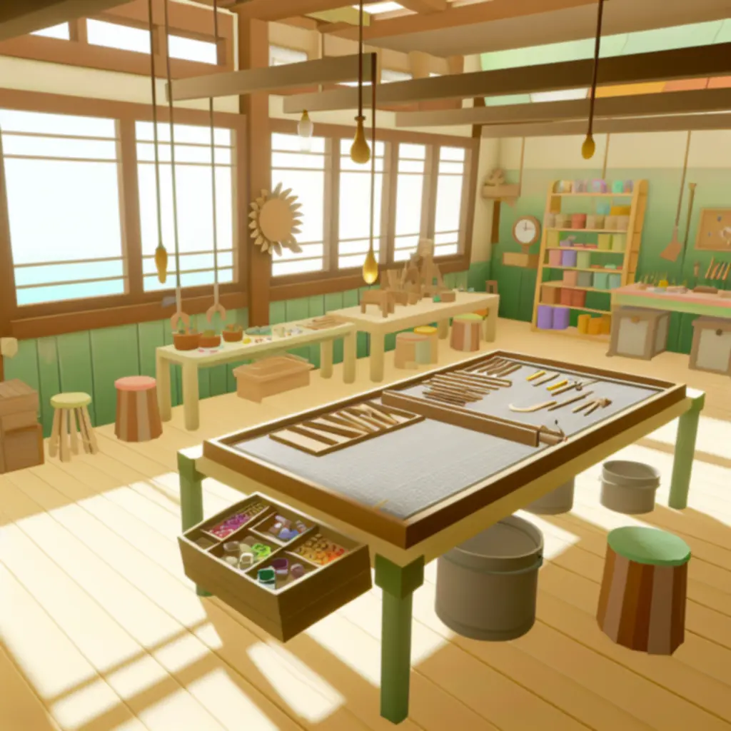 Warsztat w stylu My Time at Portia z rozłożonym stołem rzemieślniczym i materiałami